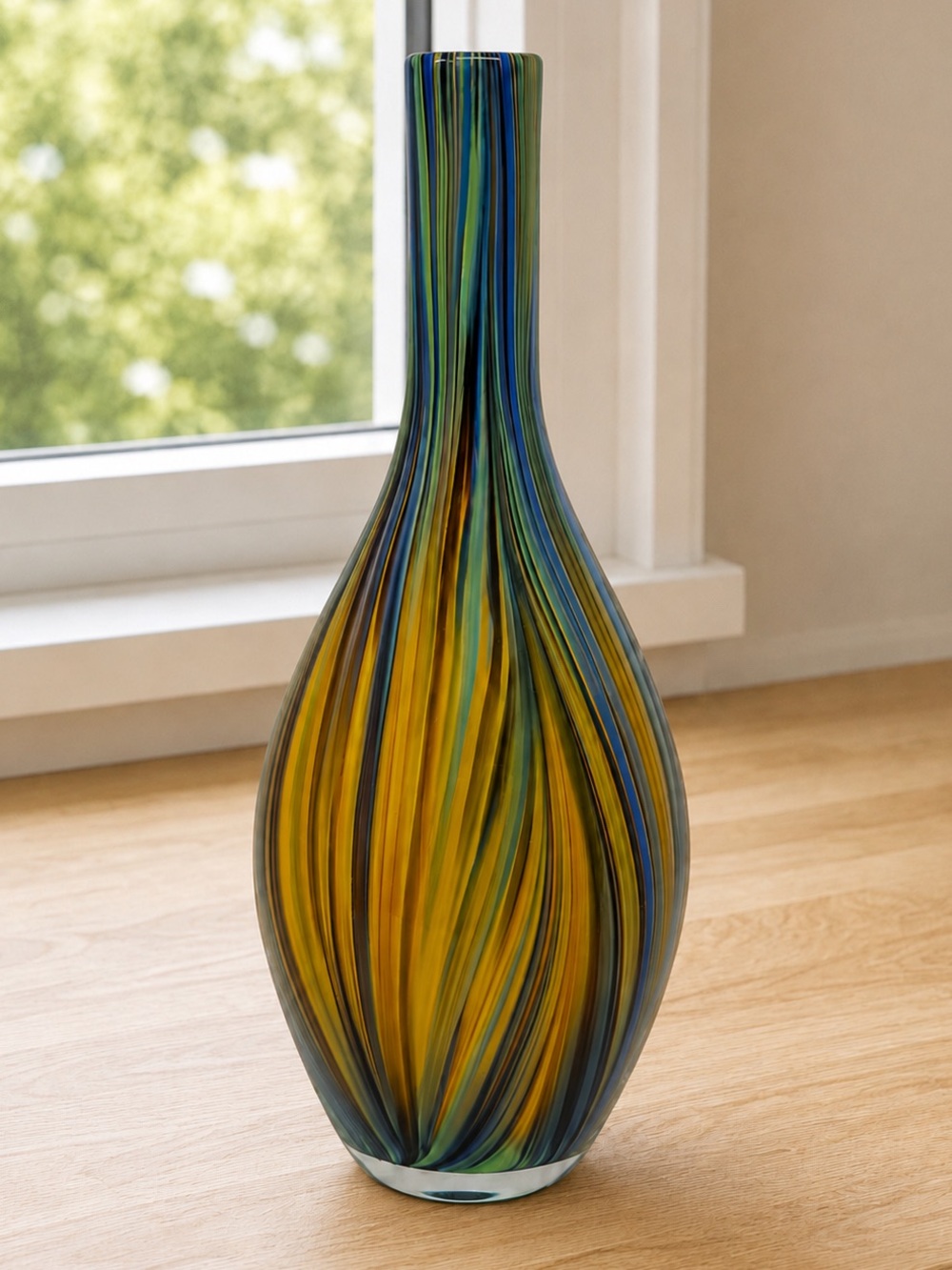 MCM Vintage Murano Style Cased Art Glass Peacock Feather Striped Handblown Vase